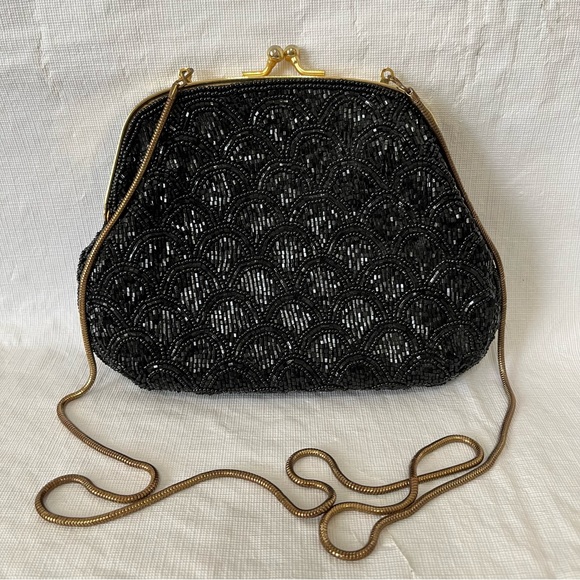Marshall Fields Black Beaded Evening Bag Kisslock - Picture 1 of 9